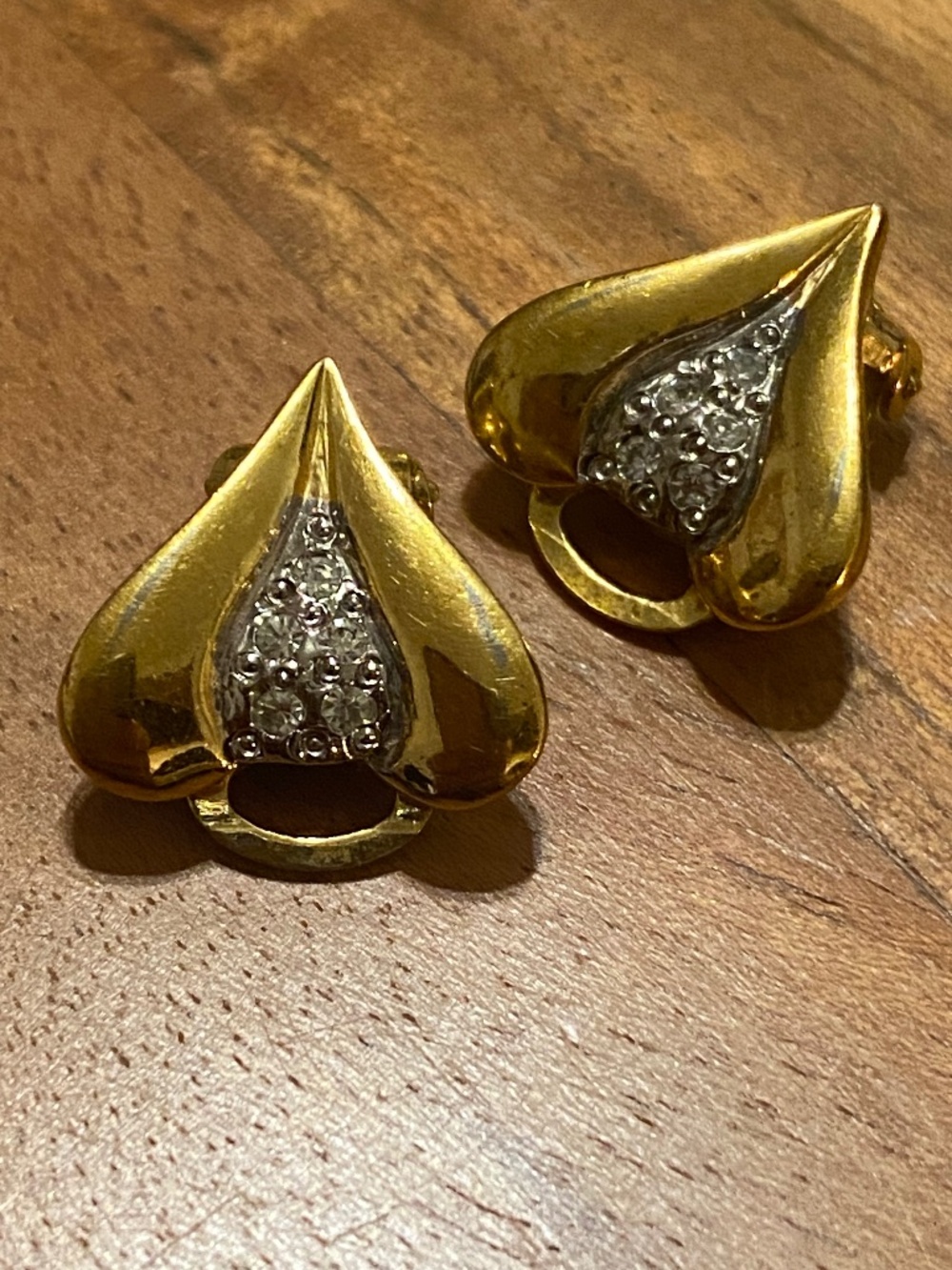Valentino Vintage gold tone & rhinestone “V” heart clip on earrings